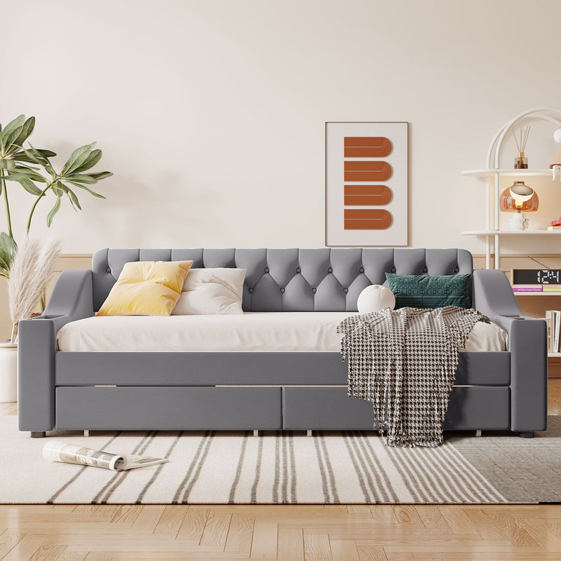 Upholstered Daybed With Storage Armrests And USB Port - R&R Furniture Gallery (Fountain Valley, CA)