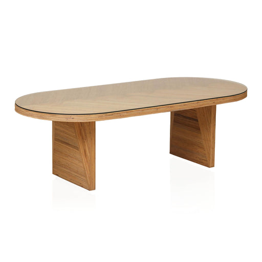 Caren Oval Dining Table by TOV Furniture in natural wood finish, showcasing its smooth oval surface and sturdy legs for dining room.
