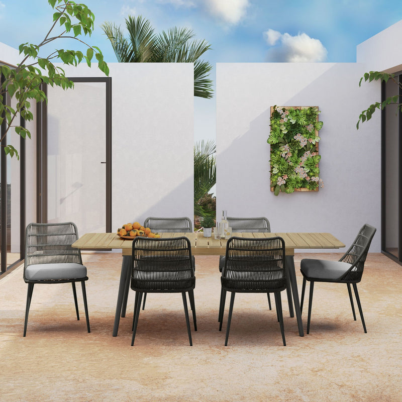 Beachside outdoor extendable dining table by Simpli-Home in light teak wood, showing its lengthened and compact positions.