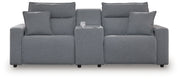 Signature Design by Ashley Modmax II reclining sectional in salt and pepper fabric, showing plush cushions and reclining features.