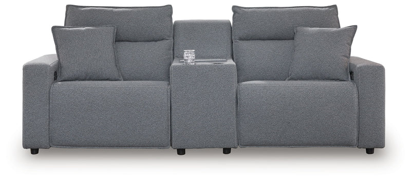 Signature Design by Ashley Modmax II reclining sectional in salt and pepper fabric, showing plush cushions and reclining features.
