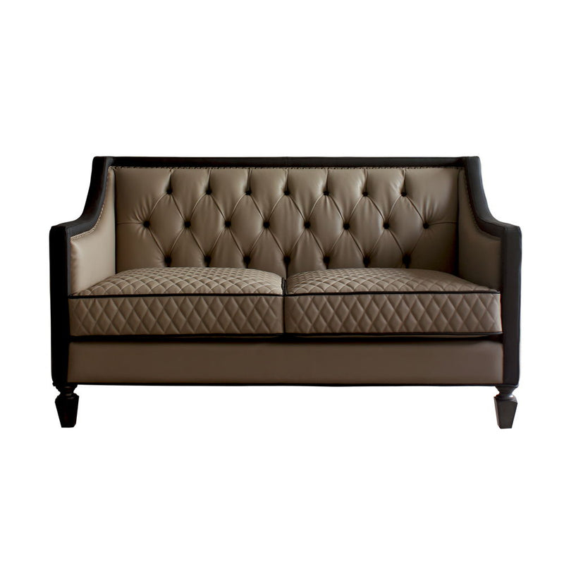 House Beatrice - Loveseat With 3 Pillows - Tan Synthetic Leather , Black Synthetic Leather & Charcoal - R&R Furniture Gallery (Fountain Valley, CA)