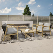 Simpli-Home Palmetto outdoor coffee table in light teak wood with a slatted top and sturdy frame for patio or garden use.
