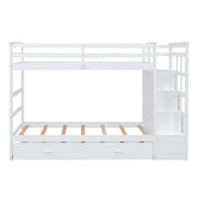DreamHaus white twin over twin bunk bed with staircase and trundle, featuring a sturdy frame and safety railings.