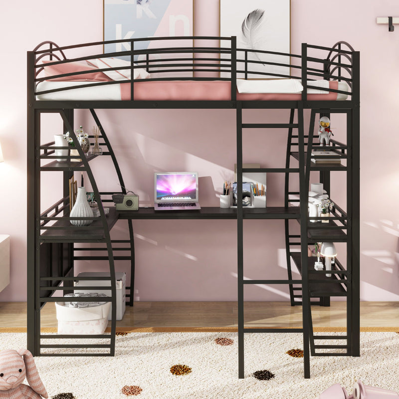 Loft Bed With 4 Layers Of Shelves And L-Shaped Desk, Stylish Metal Frame Bed With A Set Of Sockets, USB Ports And And Wireless Charging - R&R Furniture Gallery (Fountain Valley, CA)