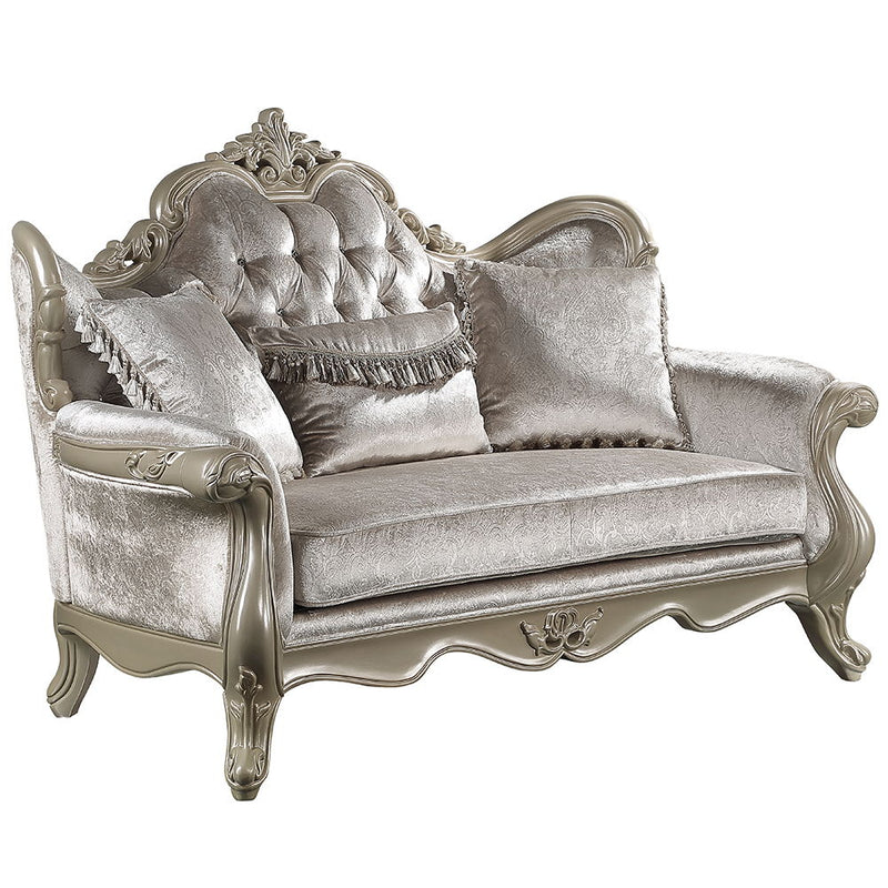 Libertee - Loveseat With 3 Pillows - Beige Fabric & Champagne - R&R Furniture Gallery (Fountain Valley, CA)