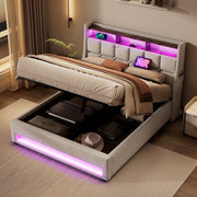 Artistry At Home upholstered platform storage bed with hydraulic lift, LED lights, and USB charging ports, without mattress.
