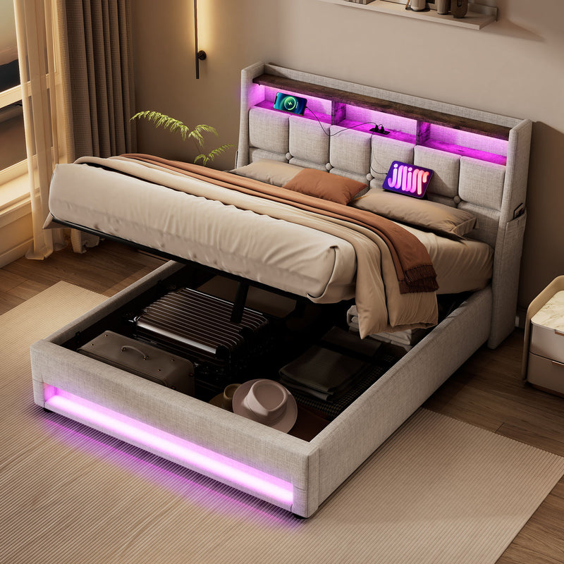 Artistry At Home upholstered platform storage bed with hydraulic lift, LED lights, and USB charging ports, without mattress.