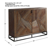 Dark brown reclaimed wood accent cabinet with two doors, by Uttermost, featuring a rustic, natural finish and sturdy construction.