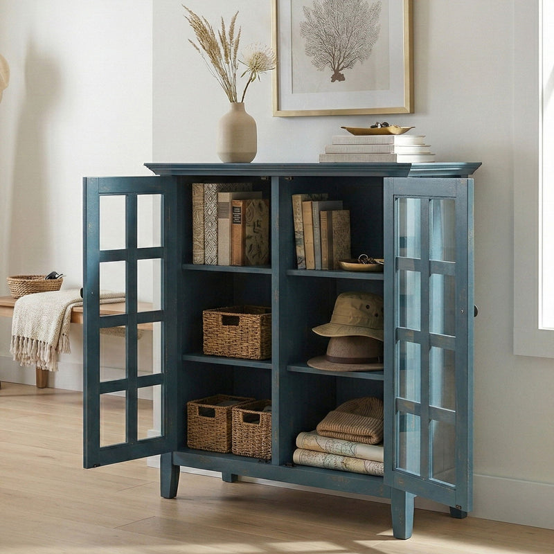 Handcrafted Acadian medium storage cabinet by Simpli-Home featuring a wooden accent cabinet with doors and storage compartments.