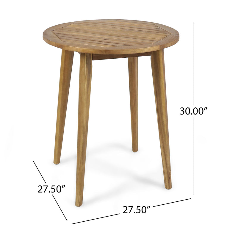 Noble House Stamford outdoor bistro table with water-resistant teak surface, ideal for patio or garden dining setups.
