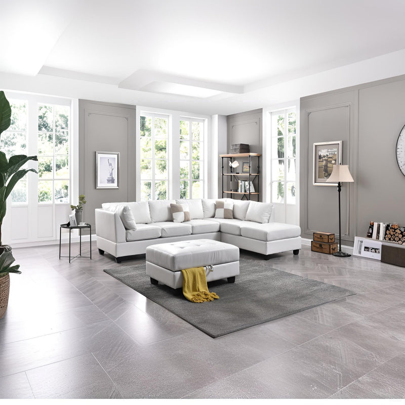 Glory Furniture Malone Comfort Sectional sofa with plush cushions and neutral fabric upholstery in a spacious living room setting.
