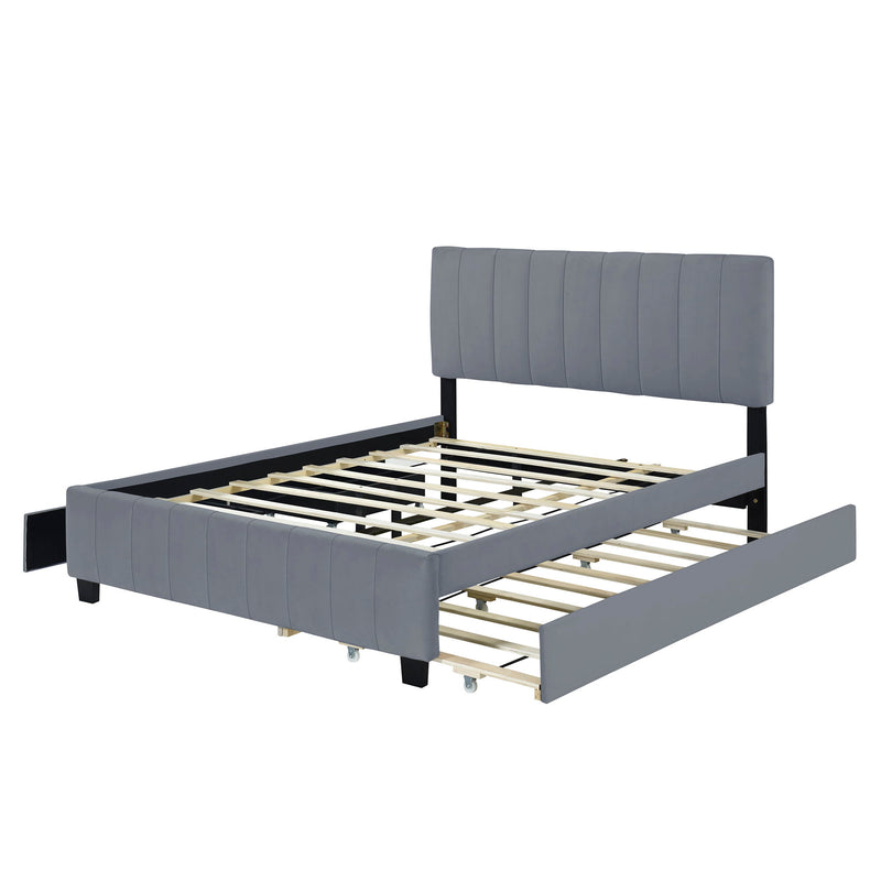 DreamHaus platform upholstered storage bed with two drawers and twin long trundle, featuring a padded headboard and sleek design.