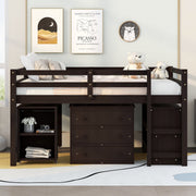 DreamHaus loft low study bed with built-in cabinet, shelves, and rolling desk, showcasing a multifunctional space-saving design.