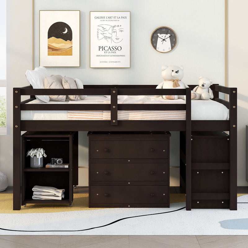DreamHaus loft low study bed with built-in cabinet, shelves, and rolling desk, showcasing a multifunctional space-saving design.