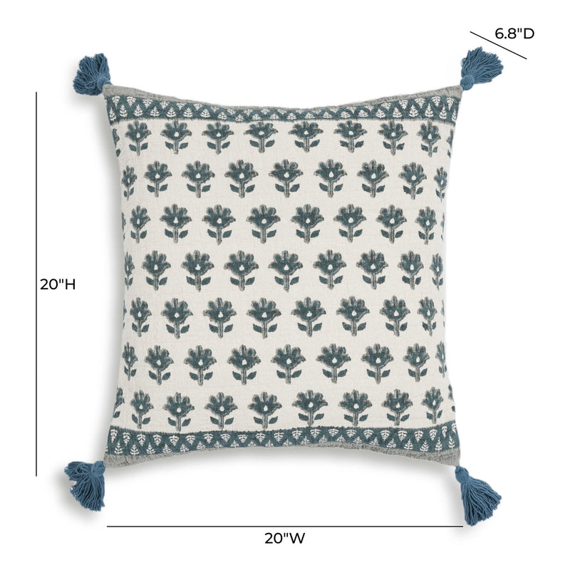 Blossom - 20" Printed Cotton Tassel Accent Cushion - Blue - R&R Furniture Gallery (Fountain Valley, CA)