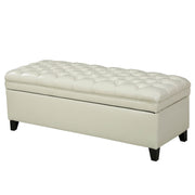 Noble House Juliana storage ottoman with beige fabric and birch wood legs, serving as a stylish functional furniture piece