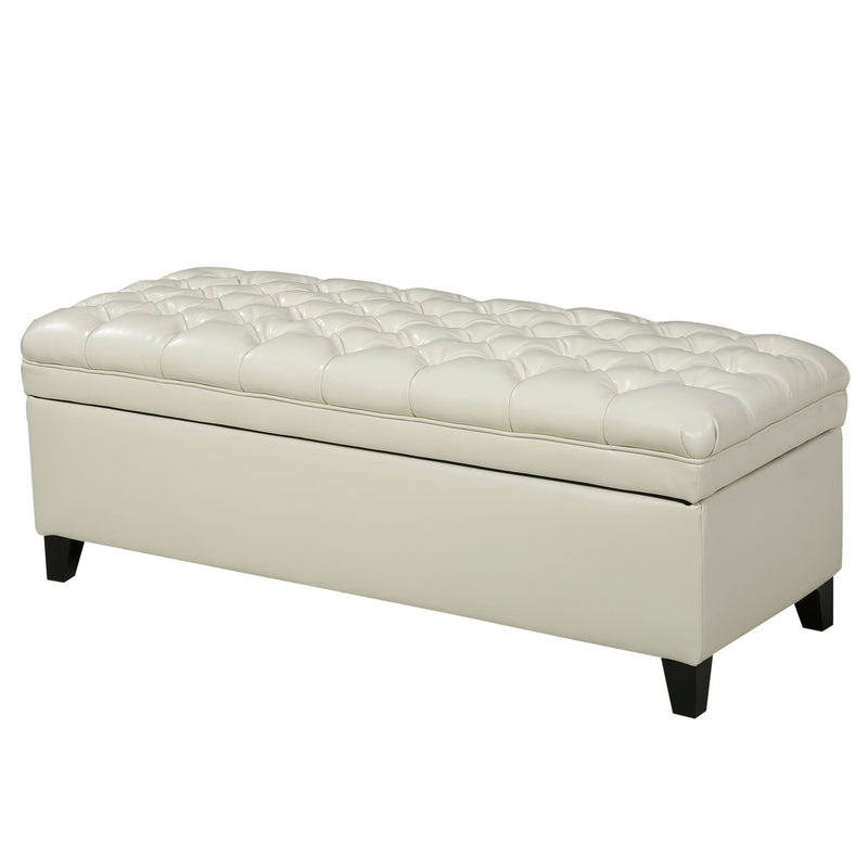 Noble House Juliana storage ottoman with beige fabric and birch wood legs, serving as a stylish functional furniture piece