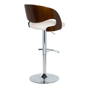 Set of two Lumi Source Pino mid-century modern adjustable barstools with chrome finish, cherry seats, white rounded T footrests, swivel.