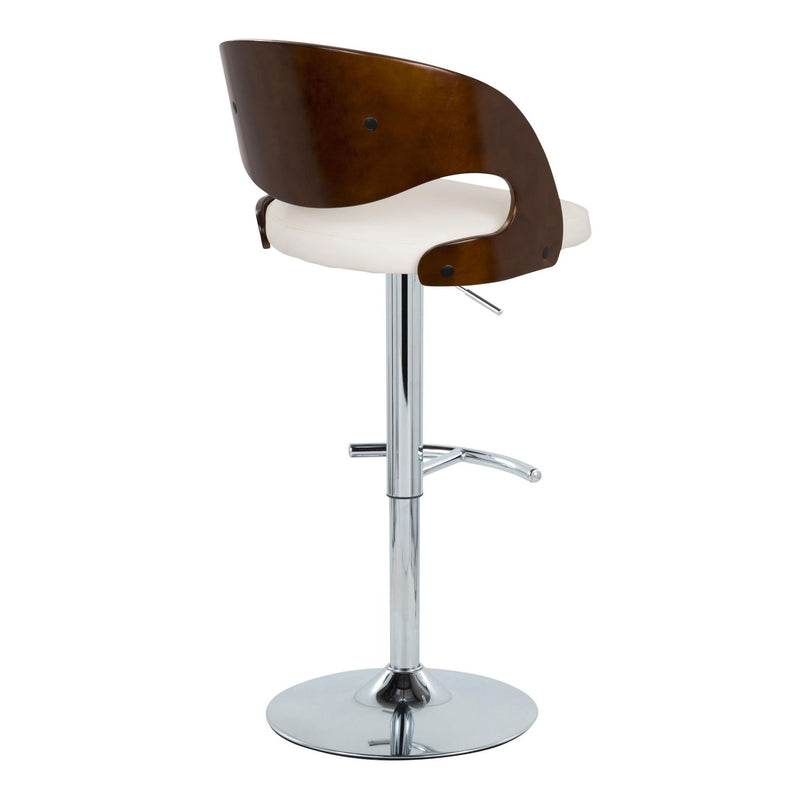Set of two Lumi Source Pino mid-century modern adjustable barstools with chrome finish, cherry seats, white rounded T footrests, swivel.