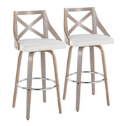 Lumi Source Charlotte farmhouse fixed height bar stool set with round footrest, featuring wooden seats and metal legs in a modern design.