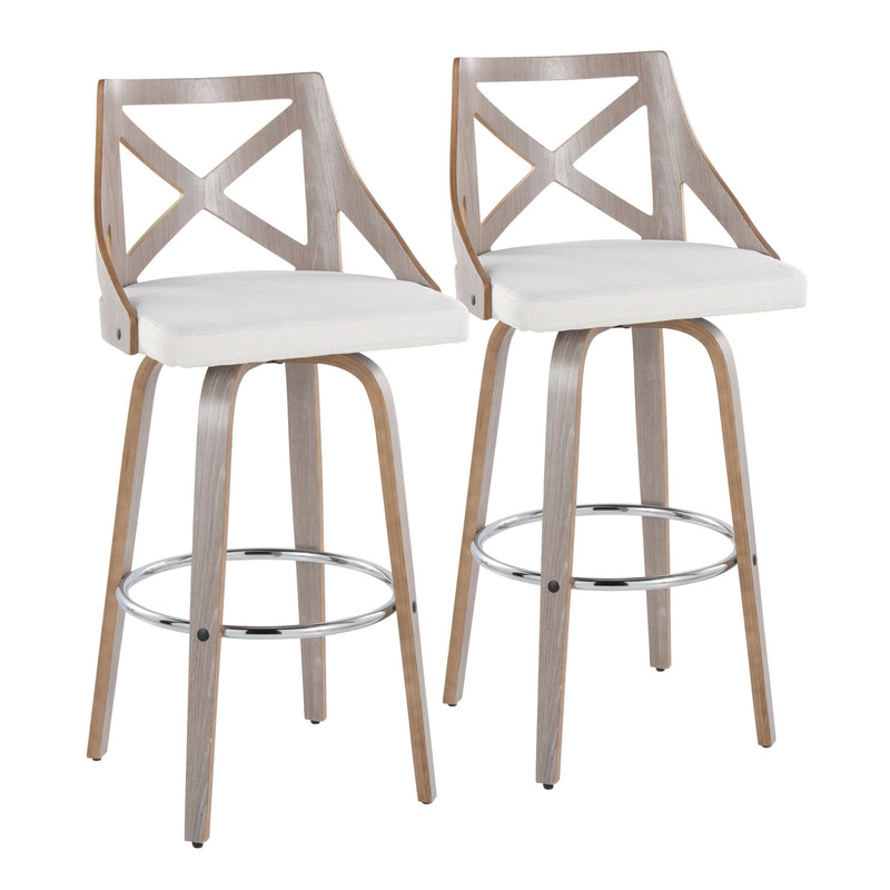 Lumi Source Charlotte farmhouse fixed height bar stool set with round footrest, featuring wooden seats and metal legs in a modern design.