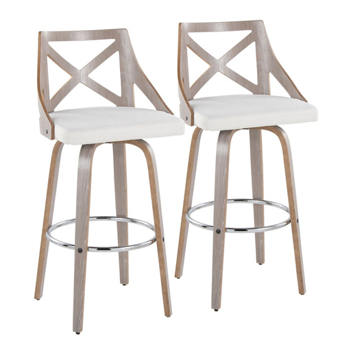 Lumi Source Charlotte farmhouse fixed height bar stool set with round footrest, featuring wooden seats and metal legs in a modern design.