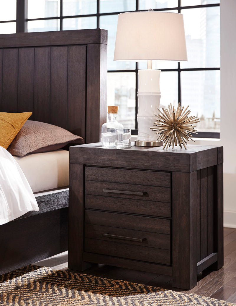 Heath Two Drawer Nightstand by Modus in Basalt Grey with sleek modern design and two spacious drawers.