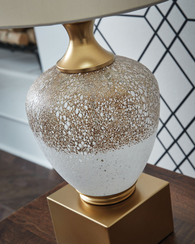 Tavisburg - Glass Table Lamp - Brown / White / Gold - R&R Furniture Gallery (Fountain Valley, CA)