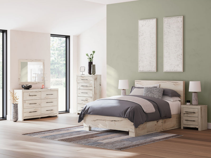 Benchcraft Lawroy 8+ piece bedroom storage set with bed frame, nightstands, and dresser, in a modern bedroom interior.