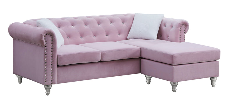 Glory Furniture Raisa stationary sectional sofa with chaise, upholstered in soft fabric, featuring plush cushions and modern design.