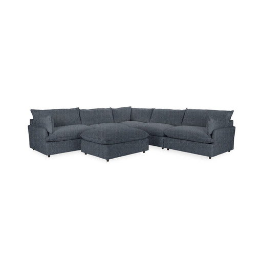 Classic Home Caplan 6-piece modular sectional with ottoman in neutral fabric, arranged for a modern living room setting.