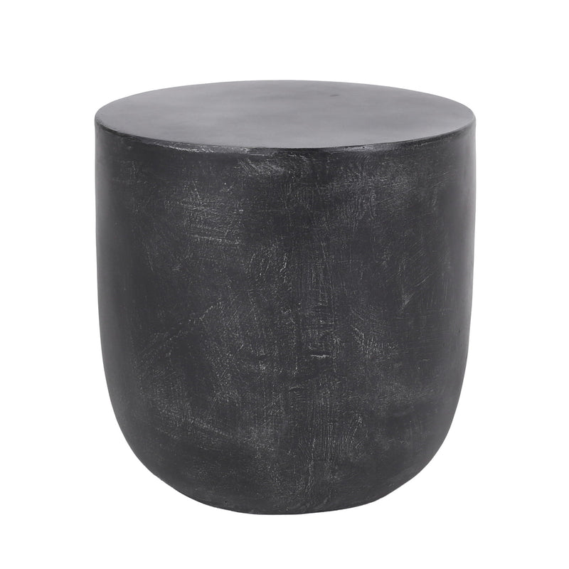 Noble House outdoor concrete end table with natural textured surface and matte black finish, suitable for patio or garden decor.