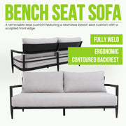 Outdoor Life Outside bench sofa with black weather-resistant frame and Sunbrella cushion, ideal for patio seating.