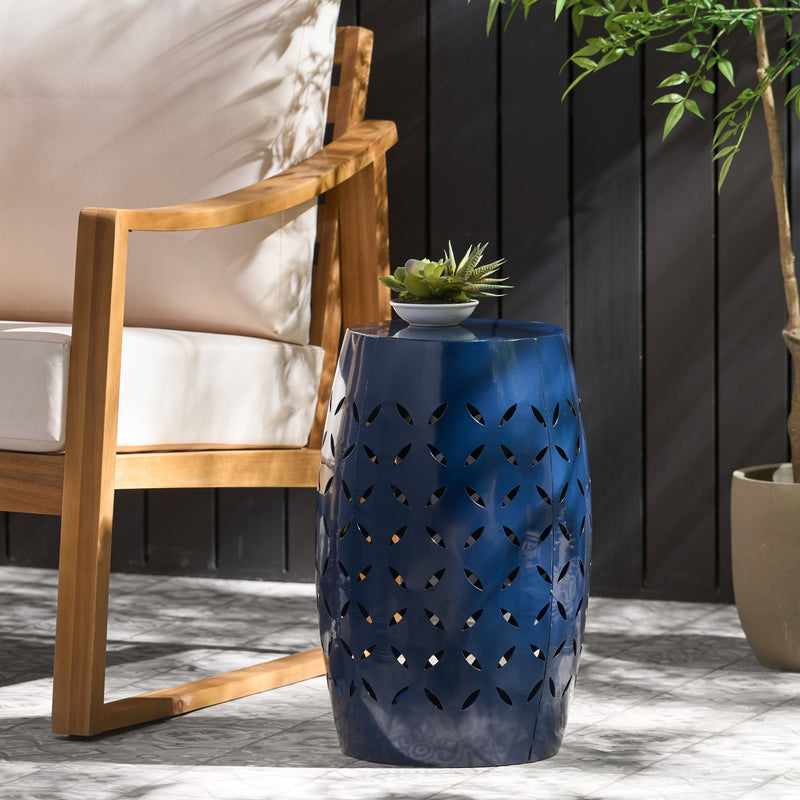 Navy blue outdoor lace cut side table by Noble House, featuring intricate lace design and sturdy metal frame.
