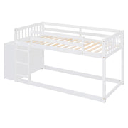 DreamHaus bunk bed with built-in four drawers and three shelves, showcasing a sturdy wooden frame and ample storage space.