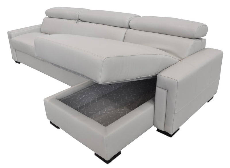 Sacha - Modern Light Grey Leather Reversible Sectional Sofa Bed with Storage — view 4
