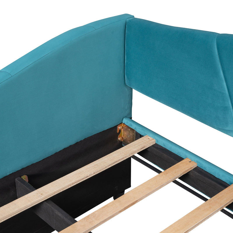 DreamHaus upholstered daybed sofa bed with trundle and wood slat base, showcasing a stylish, functional trundle bed design.