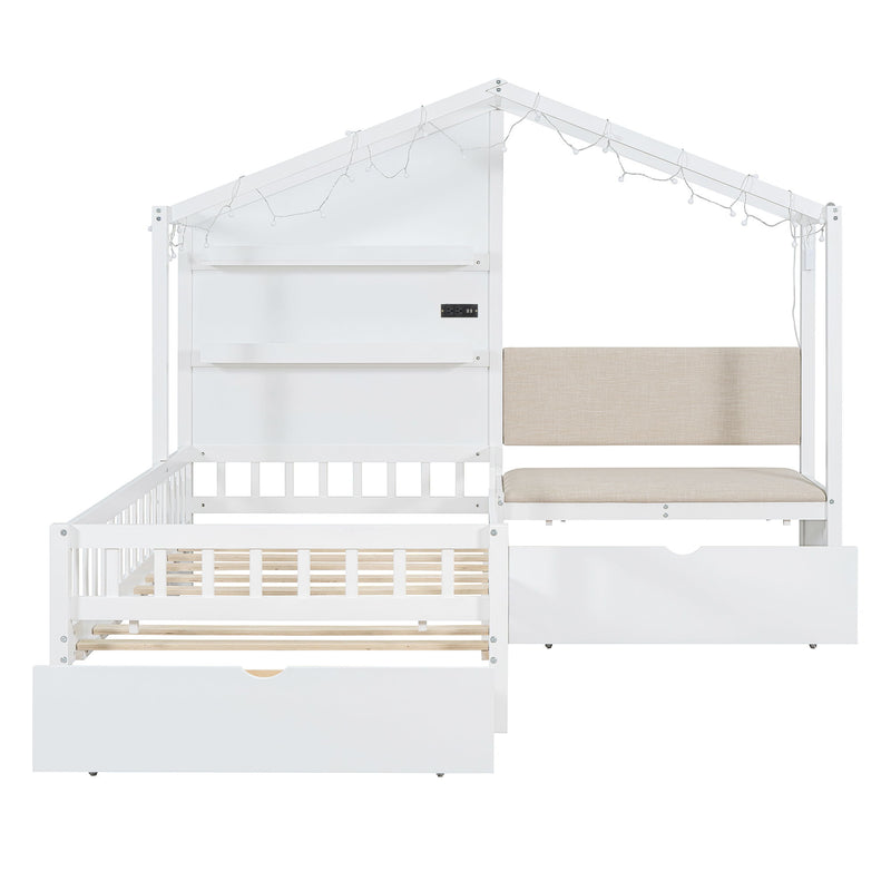 House Bed With Upholstered Sofa, Wireless Charging Station, Shelves And 2 Drawers - R&R Furniture Gallery (Fountain Valley, CA)