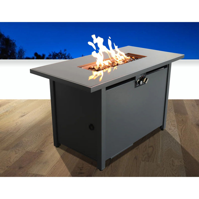 Rectangular fire pit with elegant frame design by LSI Patio Furniture, showing the fire pit's sleek rectangular shape and stylish frame.