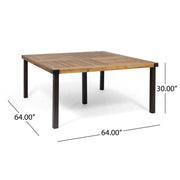 Modern industrial dining table with acacia wood slats in teak finish, by Noble House, showcasing a sturdy wooden tabletop and sleek design.