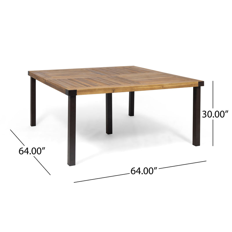 Modern industrial dining table with acacia wood slats in teak finish, by Noble House, showcasing a sturdy wooden tabletop and sleek design.