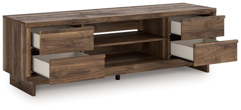 Signature Design by Ashley Zadilyn TV stand with fireplace option, modern wood finish, open shelving, and integrated fireplace insert.