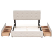 DreamHaus upholstered storage platform bed with classic headboard and built-in drawers, no box spring needed, in a modern bedroom setting.