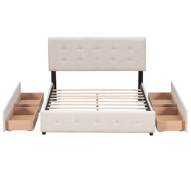 DreamHaus upholstered storage platform bed with classic headboard and built-in drawers, no box spring needed, in a modern bedroom setting.