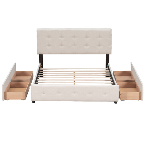 DreamHaus upholstered storage platform bed with classic headboard and built-in drawers, no box spring needed, in a modern bedroom setting.