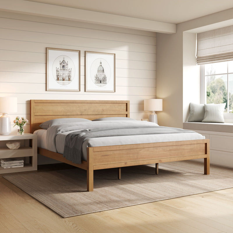 Ridgecrest Home Maddox panel bed with wooden frame and headboard, showcasing a modern design in a bedroom setting.