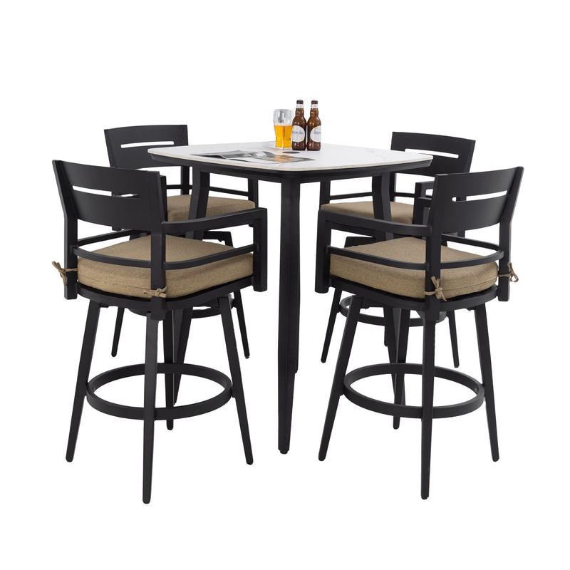 Life Outside 5-piece outdoor patio bar set with round square sintered stone table and four swivel bar chairs.