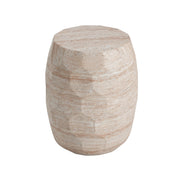 Beige travertine lightweight concrete side table by Noble House, suitable for indoor and outdoor use, showing a modern round design.