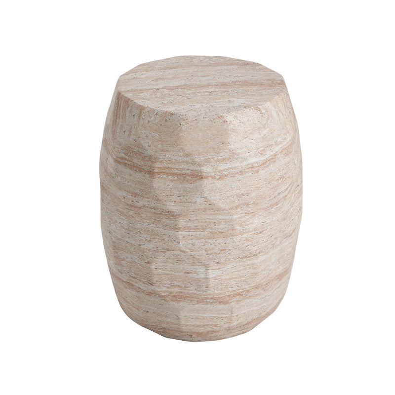 Beige travertine lightweight concrete side table by Noble House, suitable for indoor and outdoor use, showing a modern round design.